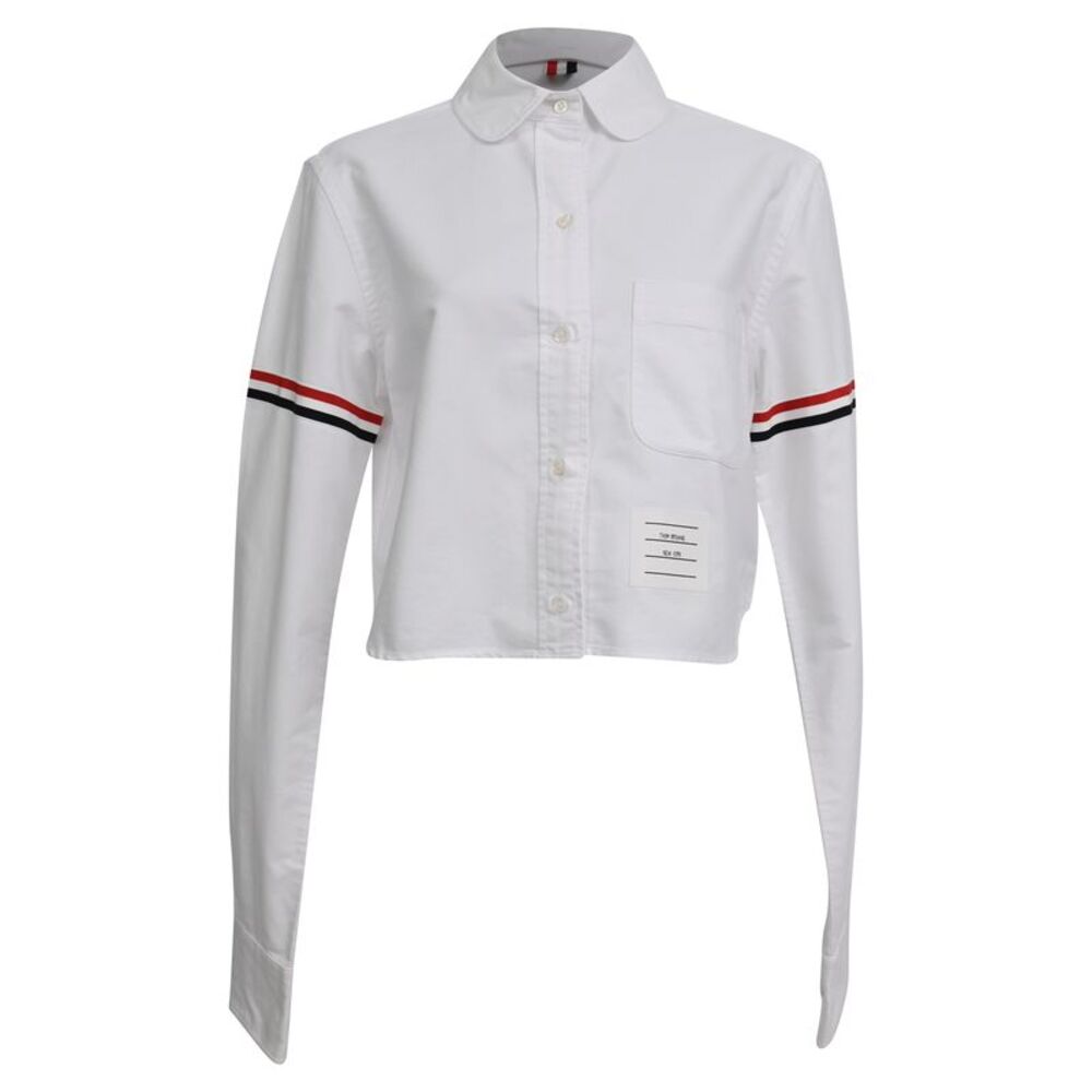 Thom Browne White Oxford Armband Cropped Round Collar Shirt in White Cotton
